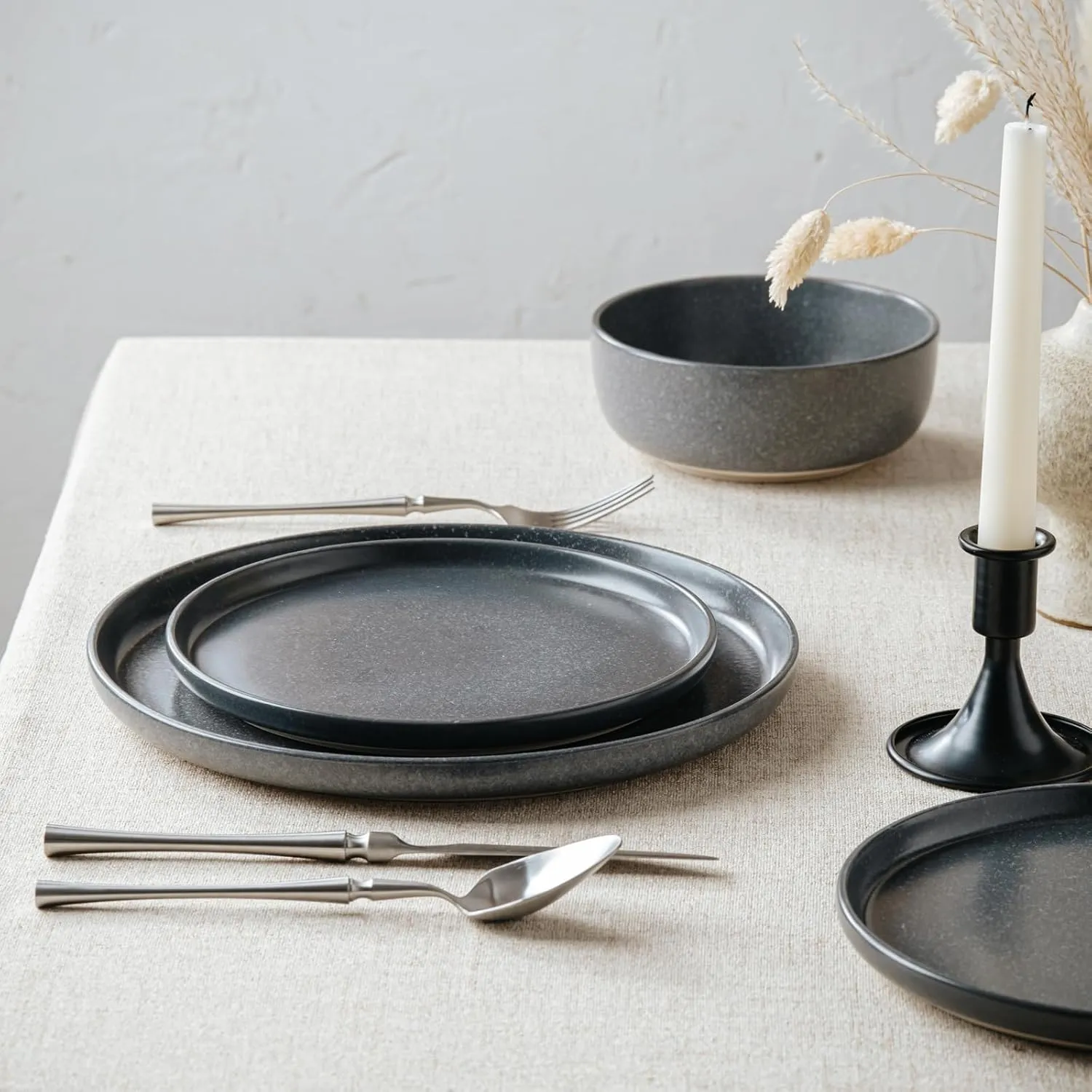 Famiware Milkyway Plates and Bowls Sets, 12 Pieces Dinnerware Sets, Reactive Glaze Dish Set, Stoneware Dishes Set for 4, Matte Dark Charcoal