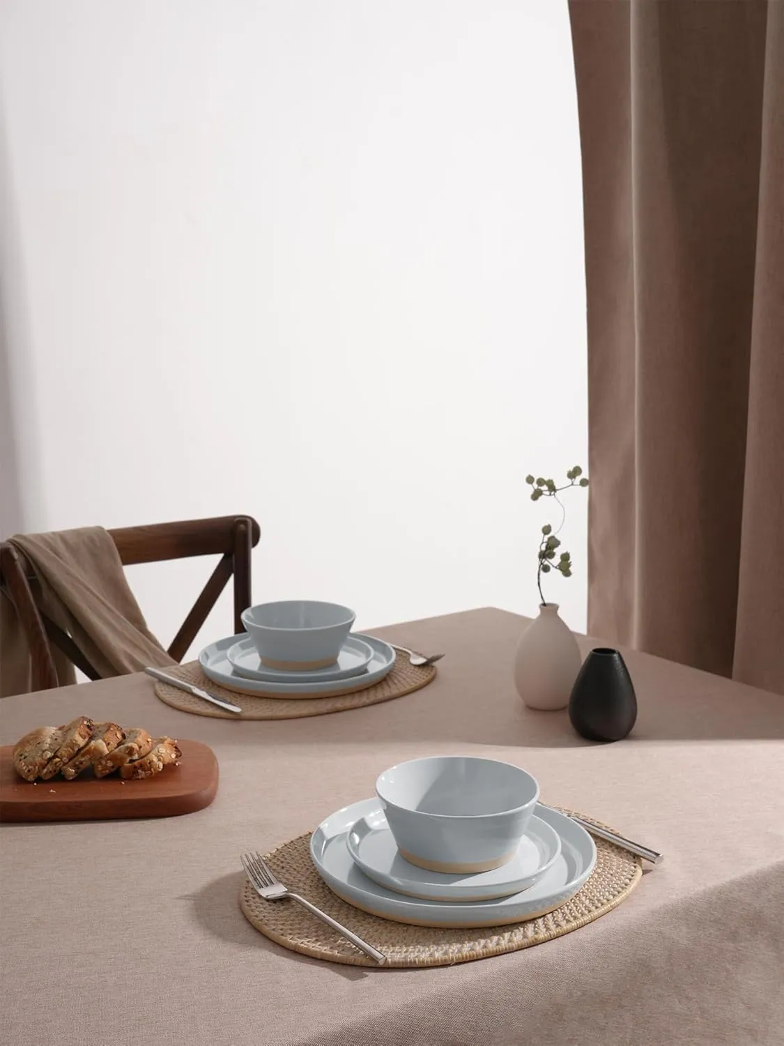 Famiware Saturn Dinnerware Sets, 12 Pieces Dish Set, Plates and Bowls Sets for 4, Light Gray