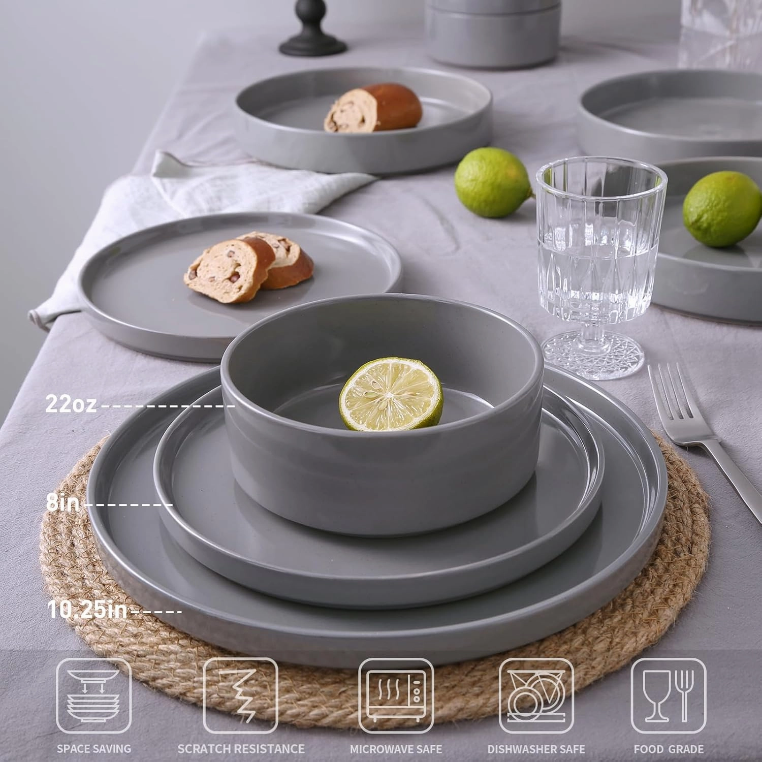 Famiware Nebula Plates and Bowls Set, 12 Pieces Dinnerware Sets, Dishes Set for 4, Dark Gray