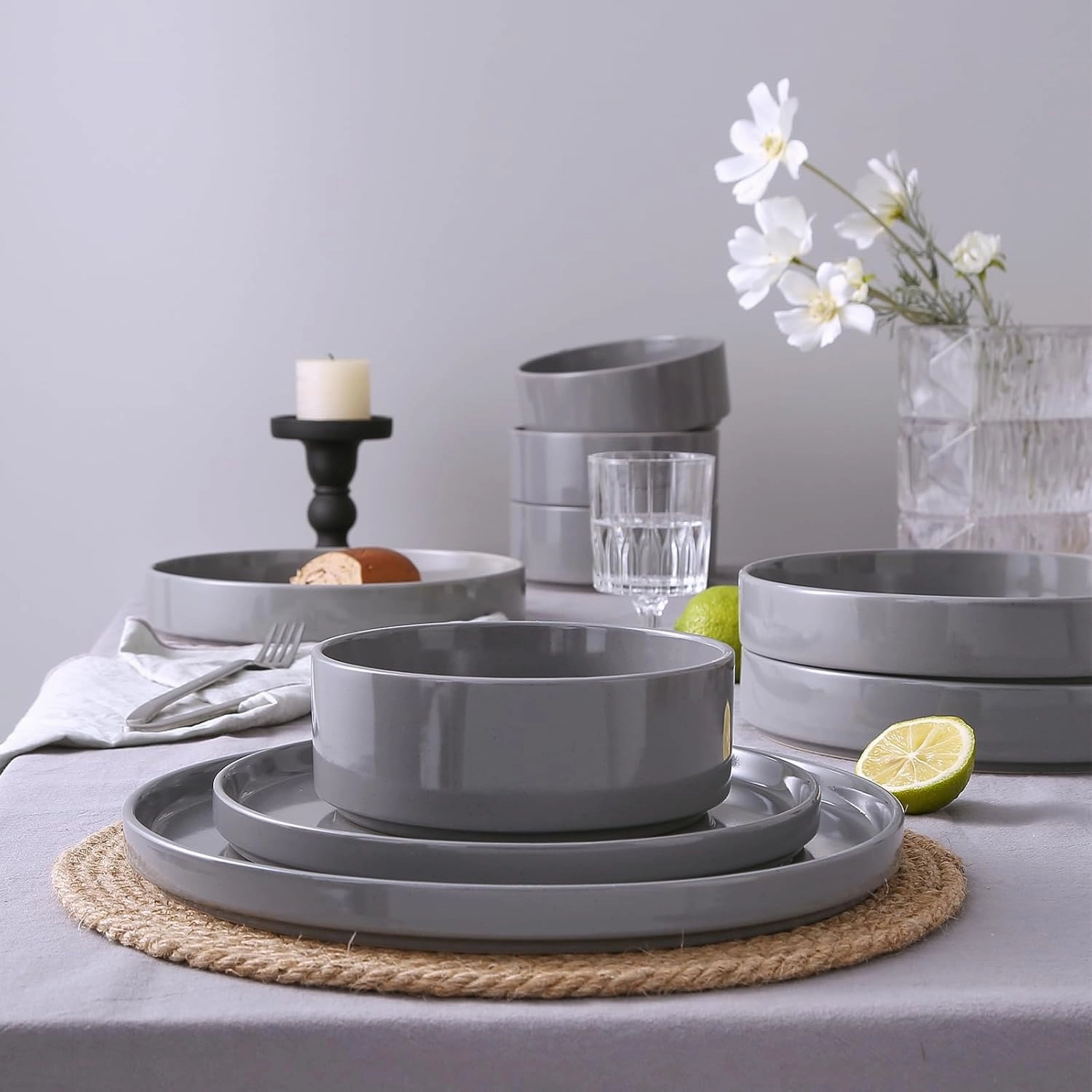 Famiware Nebula Plates and Bowls Set, 12 Pieces Dinnerware Sets, Dishes Set for 4, Dark Gray