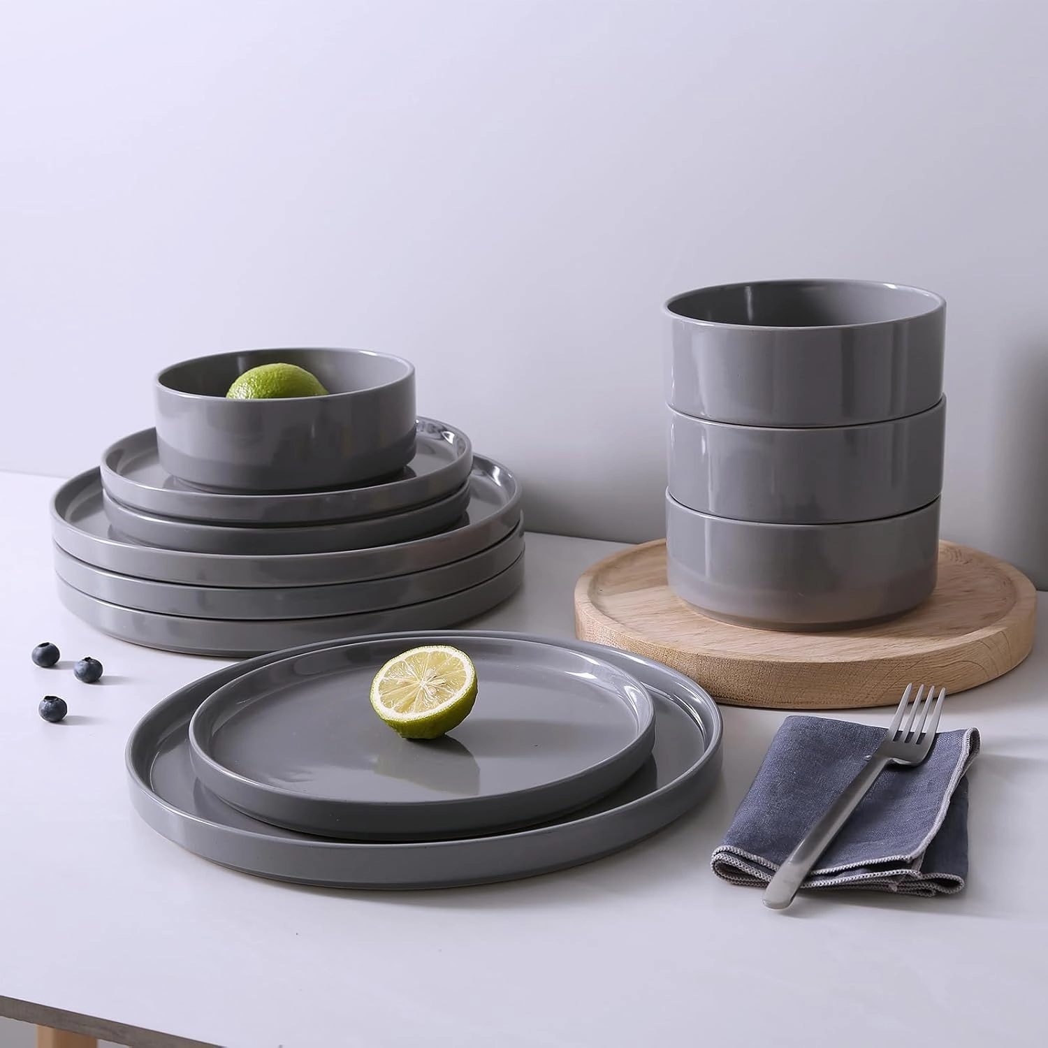 Famiware Nebula Plates and Bowls Set, 12 Pieces Dinnerware Sets, Dishes Set for 4, Dark Gray