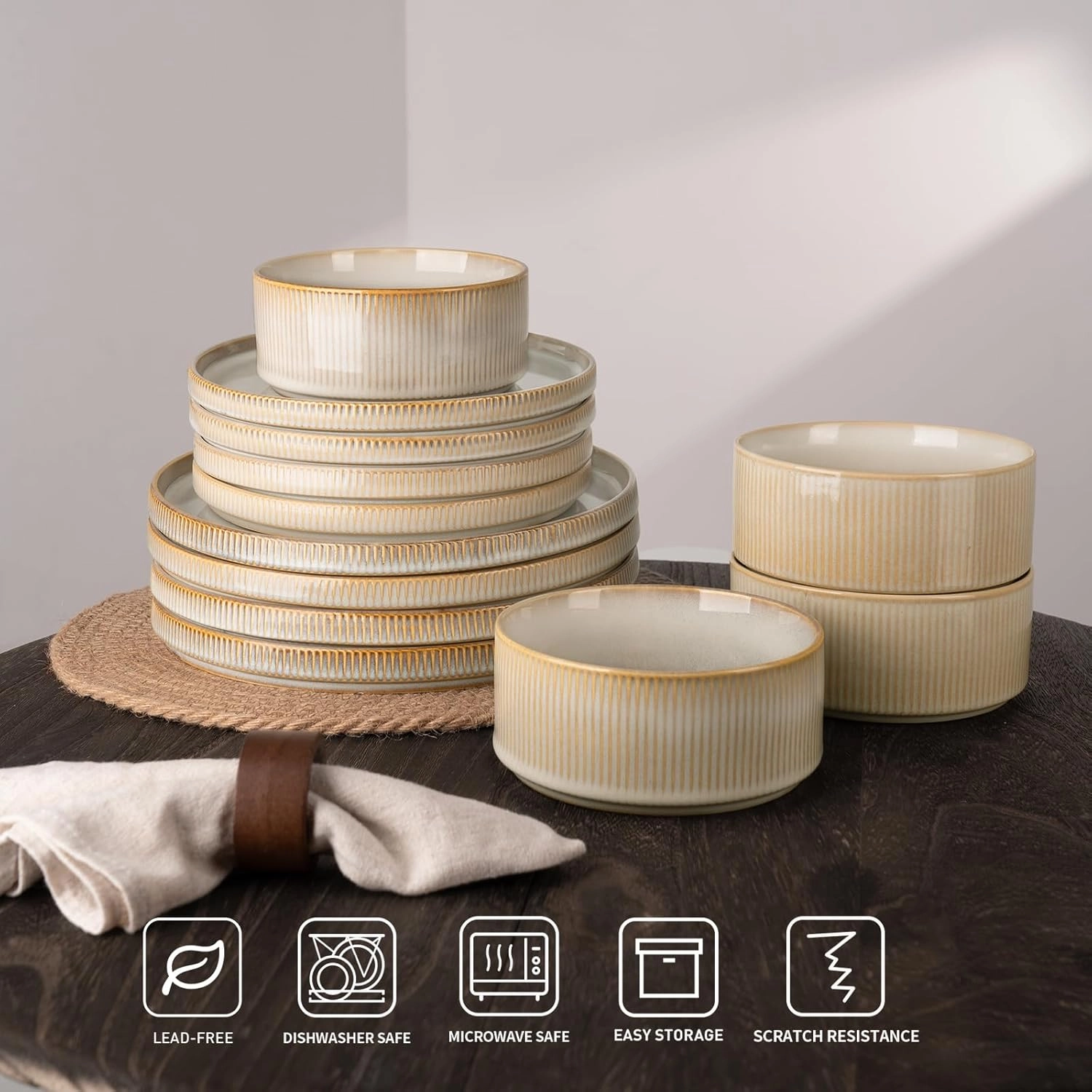 famiware Star Dinner Plates for 6, 10 inches Plate Set, Scratch Resistant, Stoneware Dinnerware, Kitchen Modern Rustic Serving Dishes, Cappuccino White