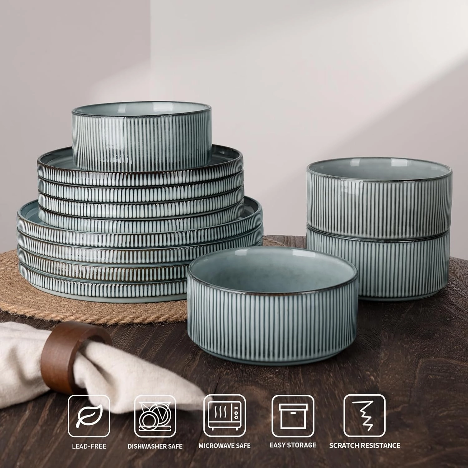famiware Star Dinner Plates for 6, 10 inches Plate Set, Scratch Resistant, Stoneware Dinnerware, Kitchen Modern Rustic Serving Dishes, Smoky Blue