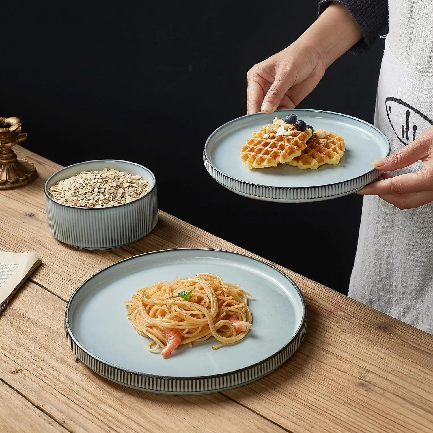 famiware Star Dinner Plates for 6, 10 inches Plate Set, Scratch Resistant, Stoneware Dinnerware, Kitchen Modern Rustic Serving Dishes, Smoky Blue