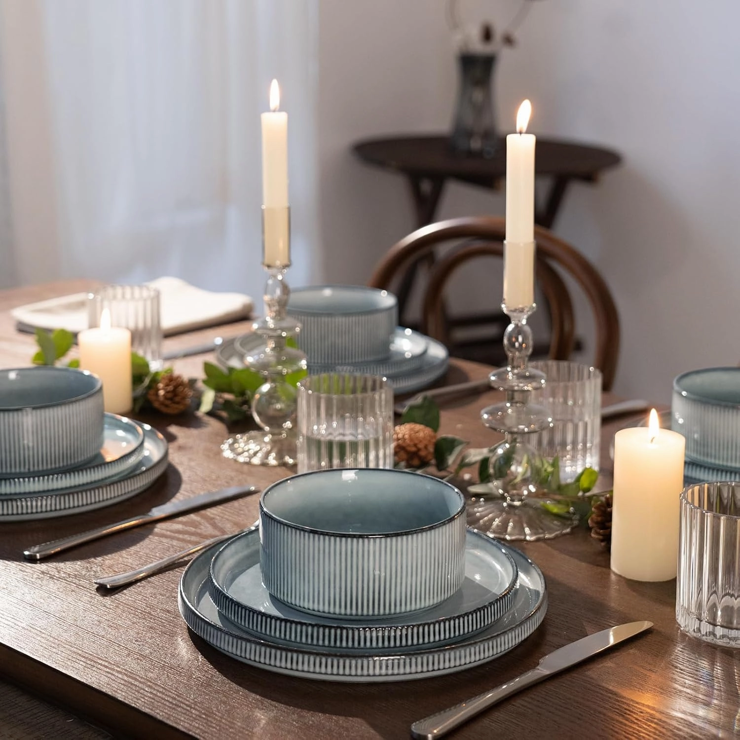famiware Star Dinner Plates for 6, 10 inches Plate Set, Scratch Resistant, Stoneware Dinnerware, Kitchen Modern Rustic Serving Dishes, Smoky Blue
