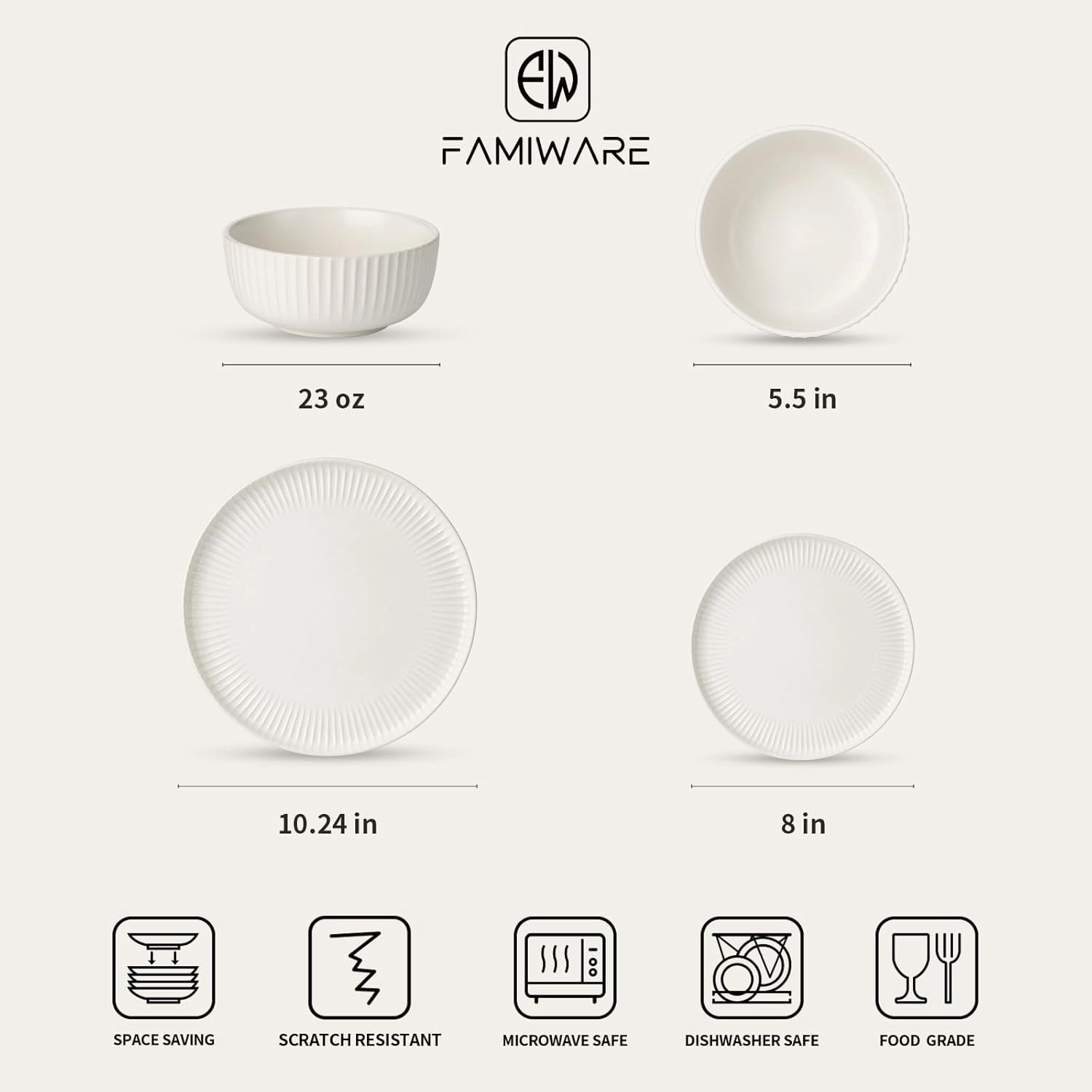 Famiware Starlight Dinnerware Sets, Plates and Bowls Dish Set of 6 (18 Pieces), Ribbed Textured Tableware - Dishwasher & Microwave Safe, Chip Resistant, Reactive Glaze, Matte Reactive White