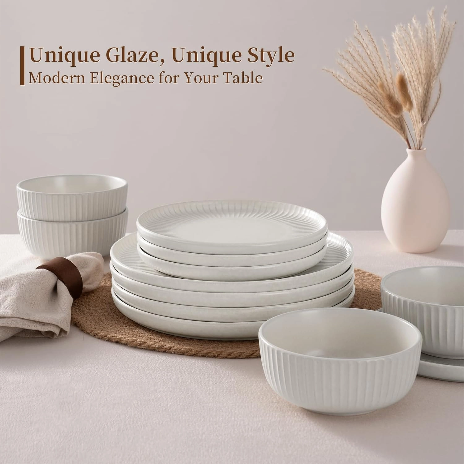 Famiware Starlight Dinnerware Sets, Plates and Bowls Dish Set of 6 (18 Pieces), Ribbed Textured Tableware - Dishwasher & Microwave Safe, Chip Resistant, Reactive Glaze, Matte Reactive White