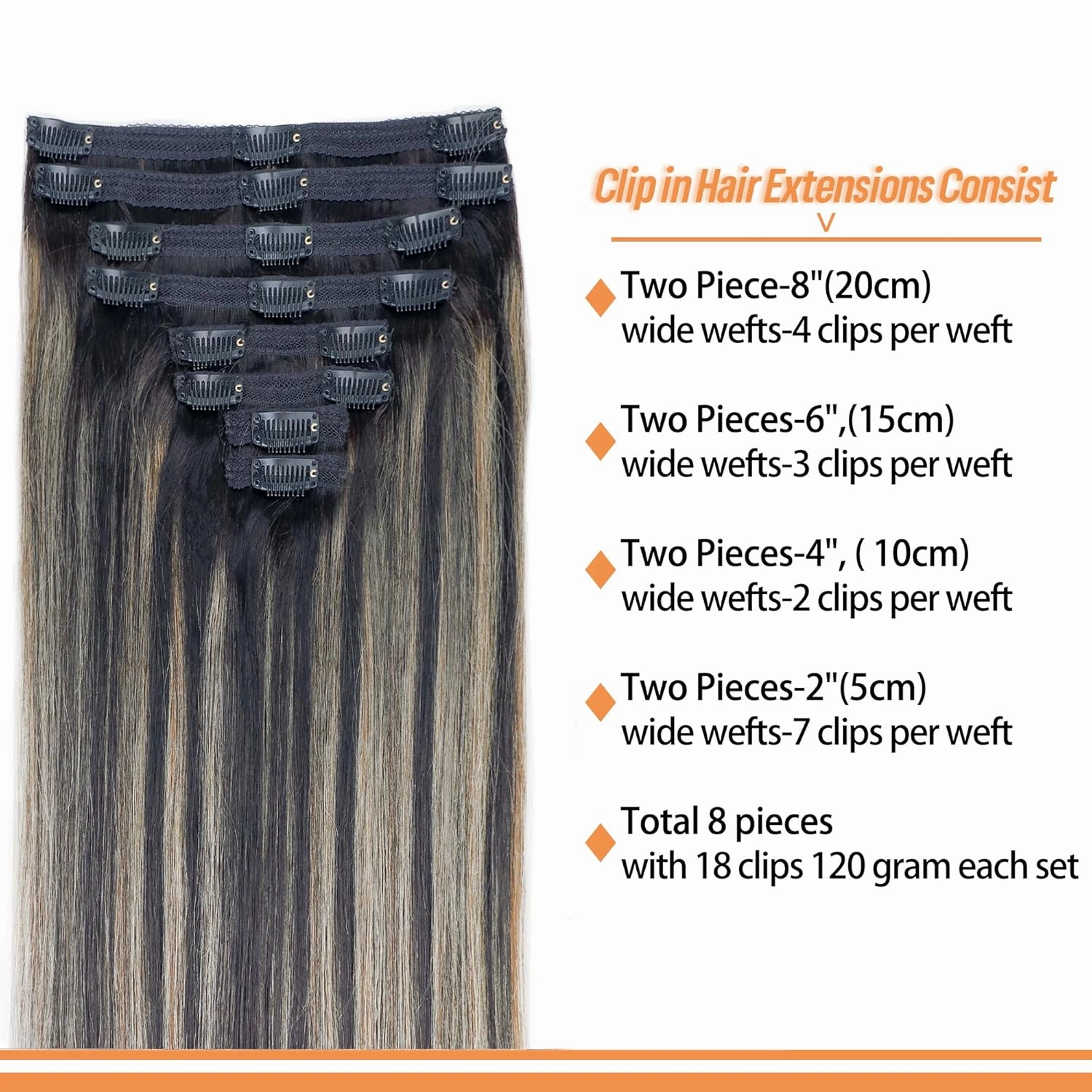 FB27 Balayage Clip In Hair Extensions Real Human Hair Straight Ombre Clip In Black to Blonde Human Hair Extensions Highlight Clip ins Remy Hair for Women 8Pcs with 18Clips Lace Weft 120g 18inch
