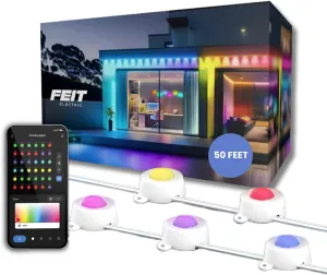 Feit Electric Permanent Outdoor Lights, Smart RGBIC String Lights, 50FT LED Christmas Lights, 2.4GHz WiFi-Enabled Under Eaves Light, Work with Alexa and Google Assistant, Weatherproof, SL50-36/RGB/AG