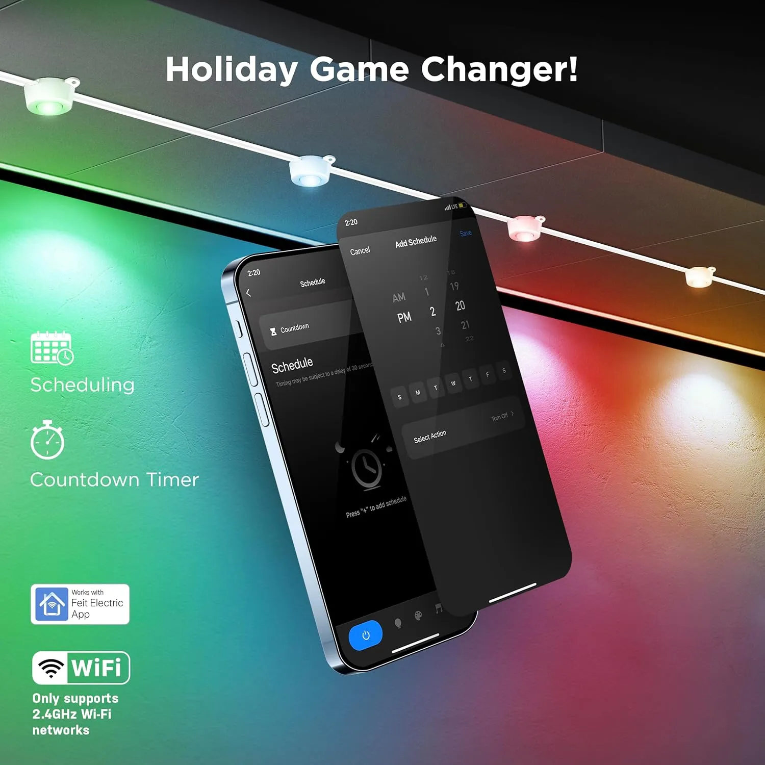 Feit Electric Permanent Outdoor Lights, Smart RGBIC String Lights, 50FT LED Christmas Lights, 2.4GHz WiFi-Enabled Under Eaves Light, Work with Alexa and Google Assistant, Weatherproof, SL50-36/RGB/AG