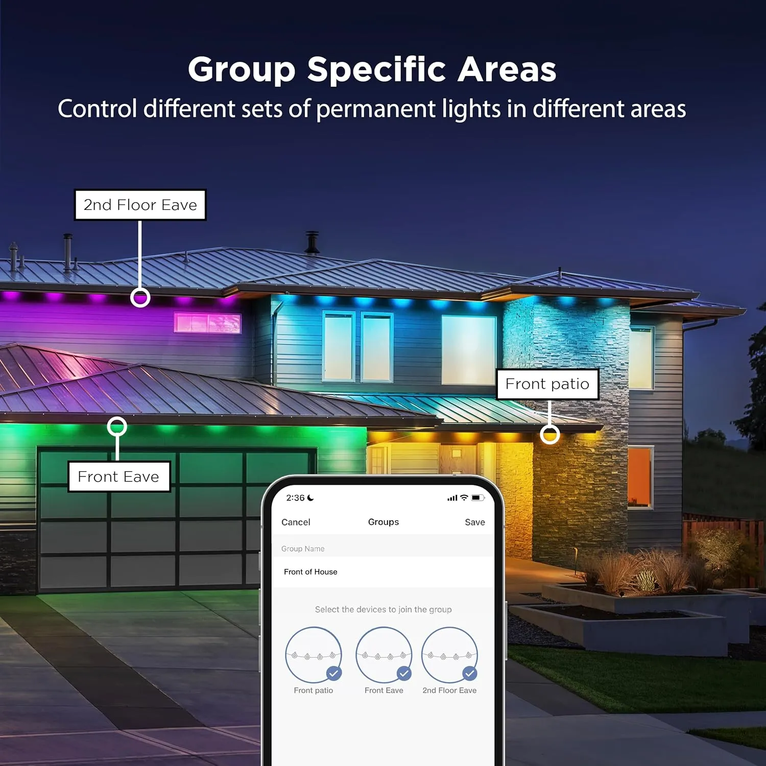 Feit Electric Permanent Outdoor Lights, Smart RGBIC String Lights, 50FT LED Christmas Lights, 2.4GHz WiFi-Enabled Under Eaves Light, Work with Alexa and Google Assistant, Weatherproof, SL50-36/RGB/AG
