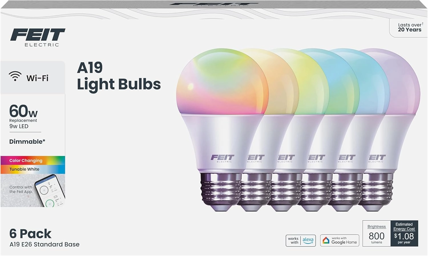 Feit Electric A19 Smart LED Light Bulb, 60W Equivalent, Dimmable, RGBW Color Changing, Alexa & Google Home Compatible, 2.4GHz Wi-Fi Enabled, 800 Lumens, 25,000-Hour Lifetime, OM60/RGBW/CA/AG/6, 6-Pack