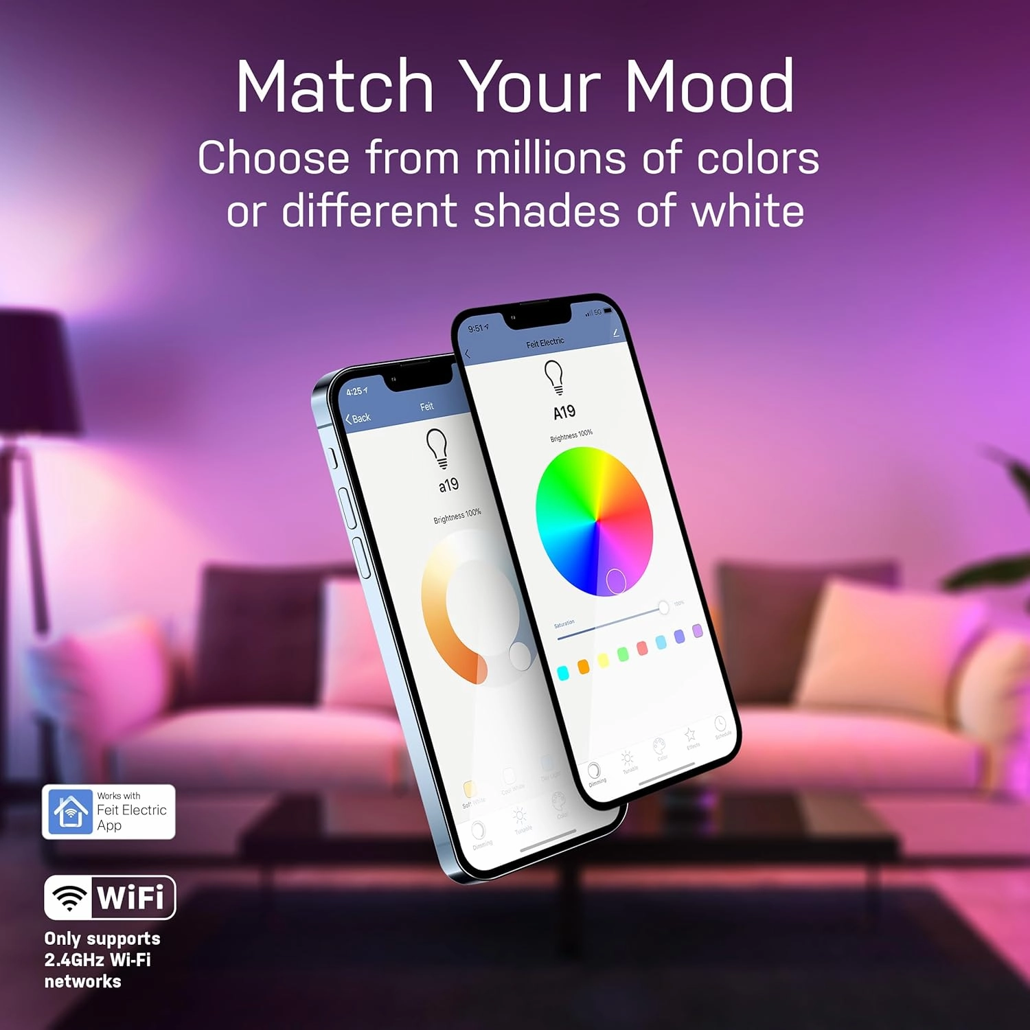 Feit Electric A19 Smart LED Light Bulb, 60W Equivalent, Dimmable, RGBW Color Changing, Alexa & Google Home Compatible, 2.4GHz Wi-Fi Enabled, 800 Lumens, 25,000-Hour Lifetime, OM60/RGBW/CA/AG/6, 6-Pack