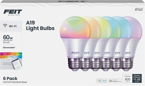 Feit Electric A19 Smart LED Light Bulb, 60W Equivalent, Dimmable, RGBW Color Changing, Alexa & Google Home Compatible, 2.4GHz Wi-Fi Enabled, 800 Lumens, 25,000-Hour Lifetime, OM60/RGBW/CA/AG/6, 6-Pack