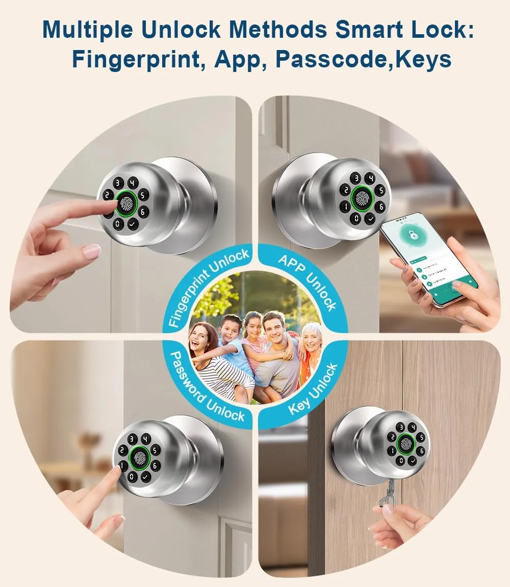 Fingerprint Door Lock, Smart Fingerprint Door Knob with Keypad, Biometric Door Lock with App Control, Auto Lock Door Lock with Code, Keyless Door Knob with Lock for Bedroom, Home,Office-Satin Nickel
