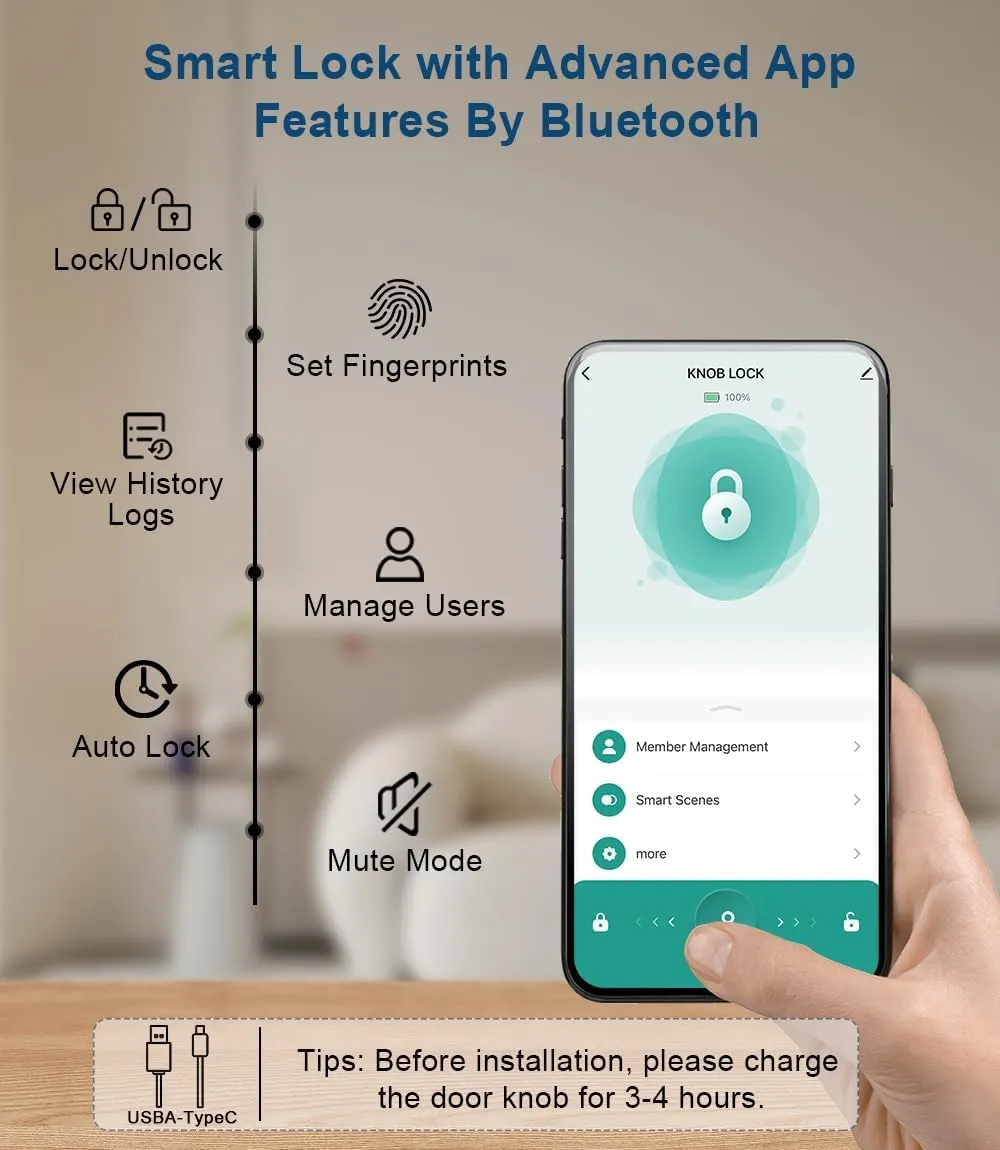 Fingerprint Door Lock, Smart Fingerprint Door Knob with Keypad, Biometric Door Lock with App Control, Auto Lock Door Lock with Code, Keyless Door Knob with Lock for Bedroom, Home,Office-Satin Nickel