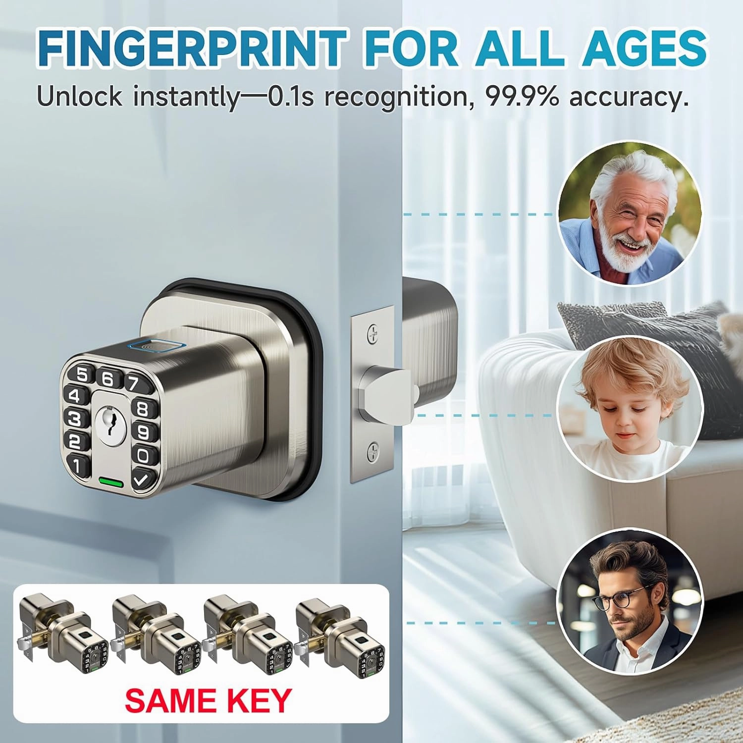 Fingerprint Door knob, Smart Biometric Door Lock with Keypad, Keyless Entry Code Door Knob, Waterproof & Weatherproof, Auto Lock,Voice Navigation, for Bedroom, Gate,Office
