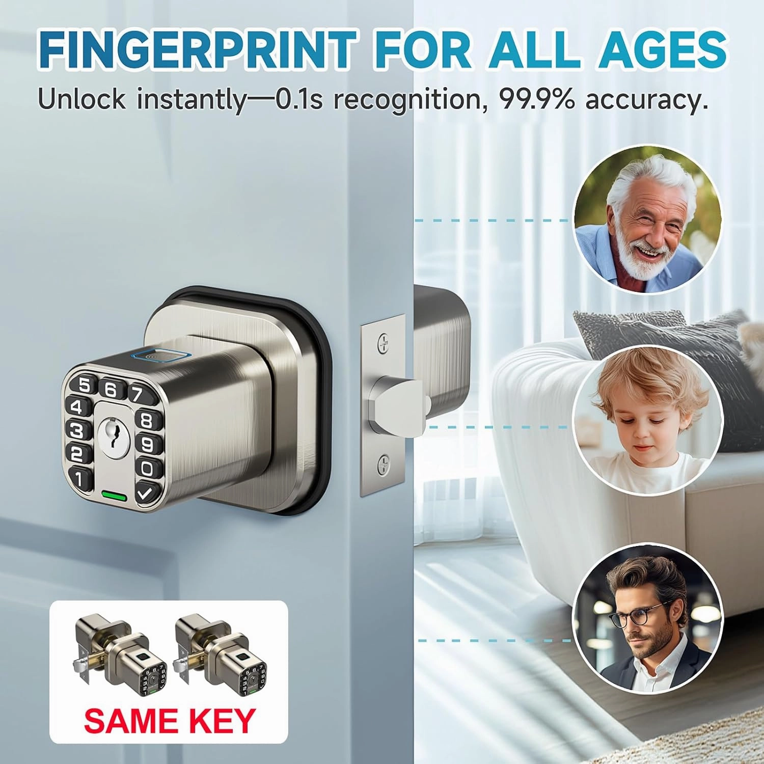 Fingerprint Door knob, Smart Biometric Door Lock with Keypad, Keyless Entry Code Door Knob, Waterproof & Weatherproof, Auto Lock,Voice Navigation, for Bedroom, Gate,Office