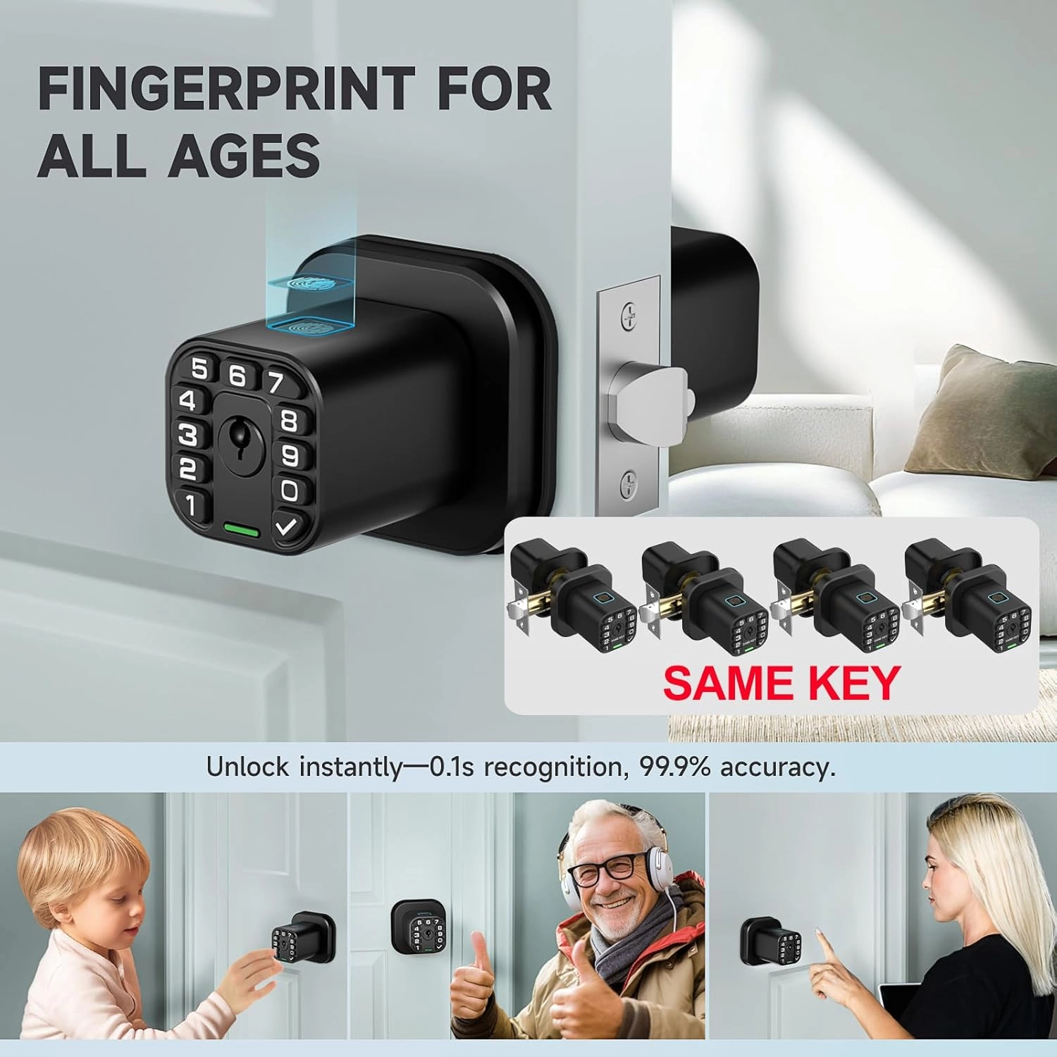 Fingerprint Door knob, Smart Biometric Door Lock with Keypad, Keyless Entry Code Door Knob, Waterproof & Weatherproof, Auto Lock,Voice Navigation, for Bedroom, Gate,Office