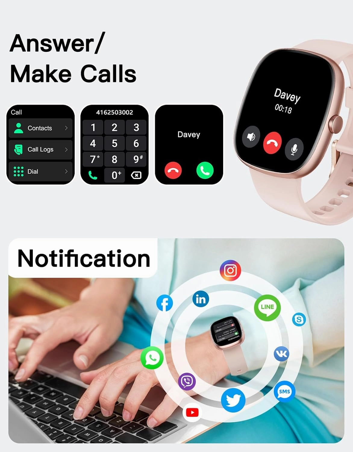 Fitness Tracker 2025 Ver. (Answer/Make Calls), 1.85" Smart Watch Fitness Watches for Women Men with 24/7 Heart Rate Blood Oxygen Monitor Sleep Tracker 100  Sport Modes IP68 Waterproof (Pink)