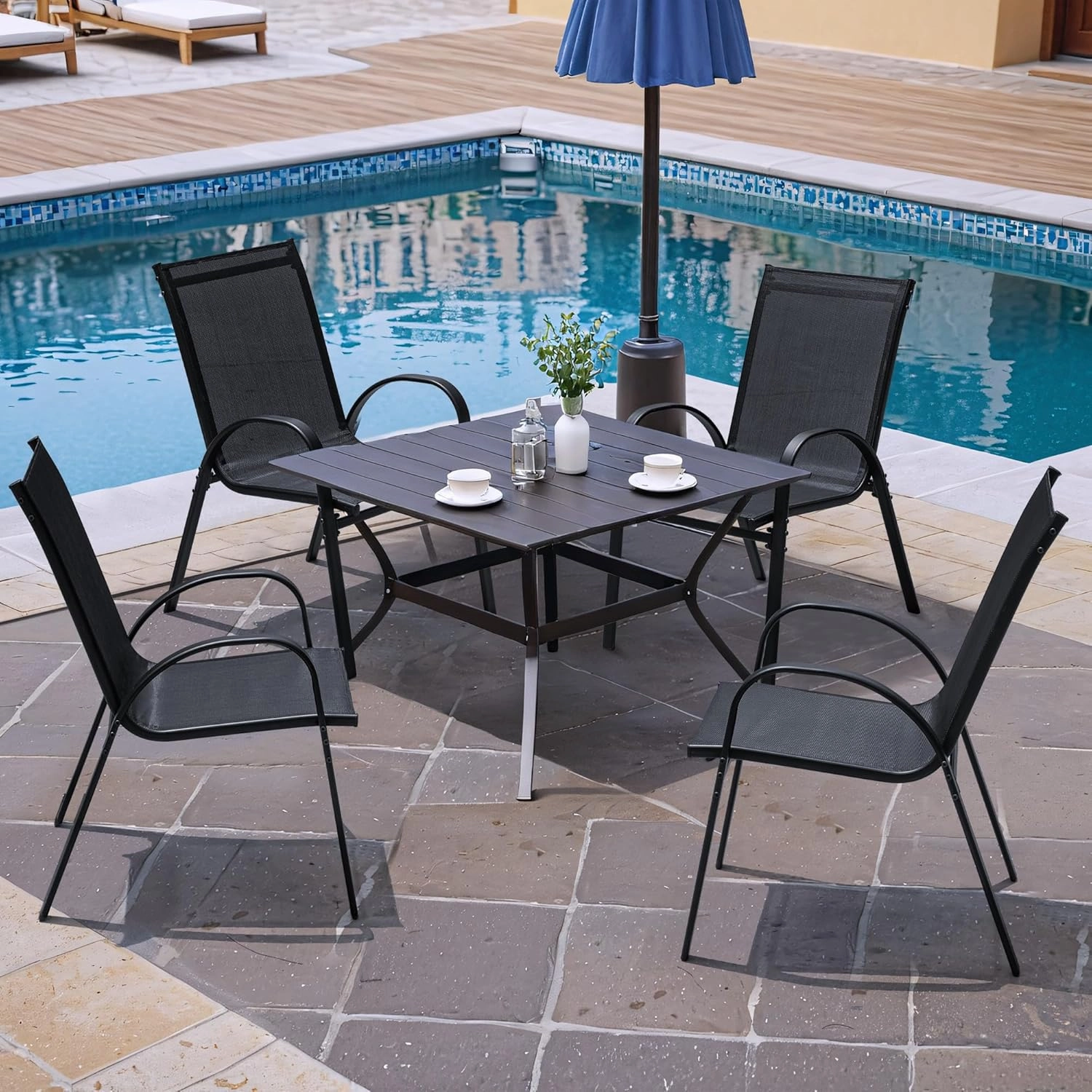 Flamaker Patio Chairs Stackable Dining Chairs Set of 4 Metal and Teslin Outdoor Chairs for Lawn Deck Porch Balcony (Black)