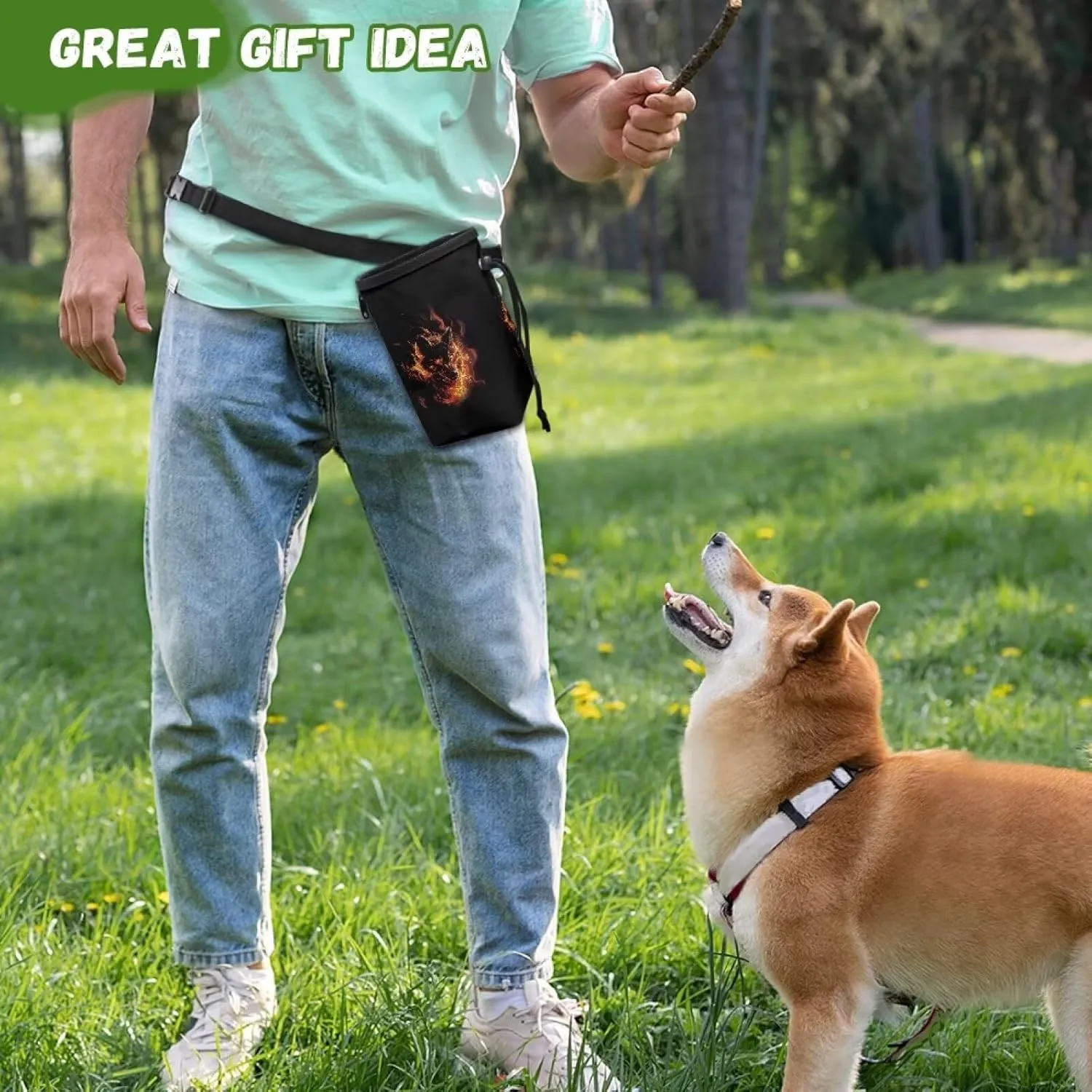 Flaming Wolf Print Dog Treat Pouch Hand Free Dog Walking Bag Easily Carries Treat Bag for Dogs Clip Waist Belt Fanny Pack Easily Carries Pet Kibble,Treats