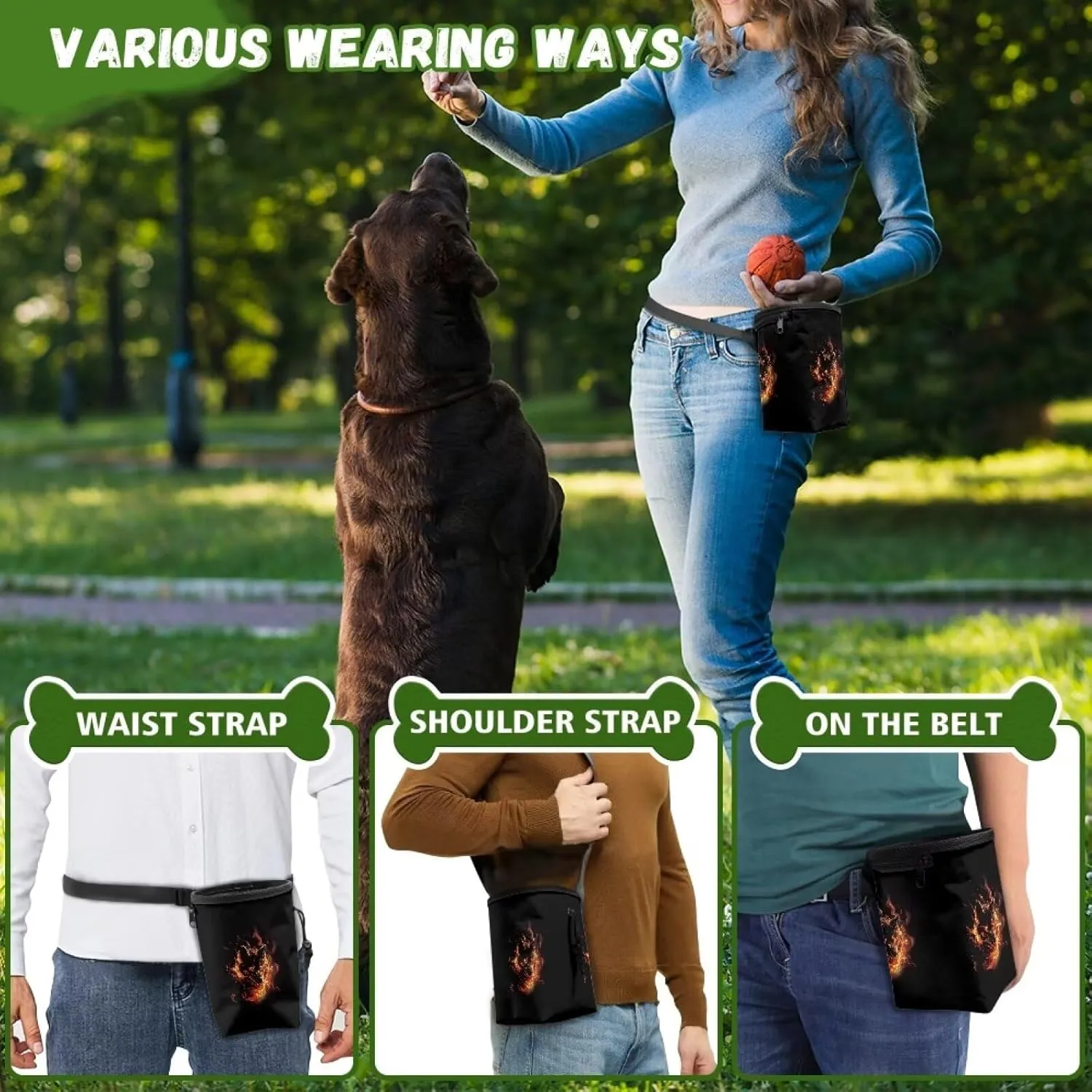Flaming Wolf Print Dog Treat Pouch Hand Free Dog Walking Bag Easily Carries Treat Bag for Dogs Clip Waist Belt Fanny Pack Easily Carries Pet Kibble,Treats
