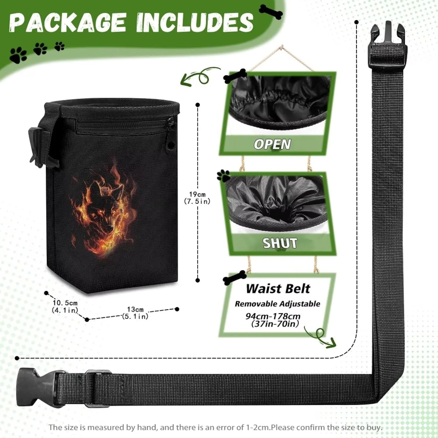 Flaming Wolf Print Dog Treat Pouch Hand Free Dog Walking Bag Easily Carries Treat Bag for Dogs Clip Waist Belt Fanny Pack Easily Carries Pet Kibble,Treats