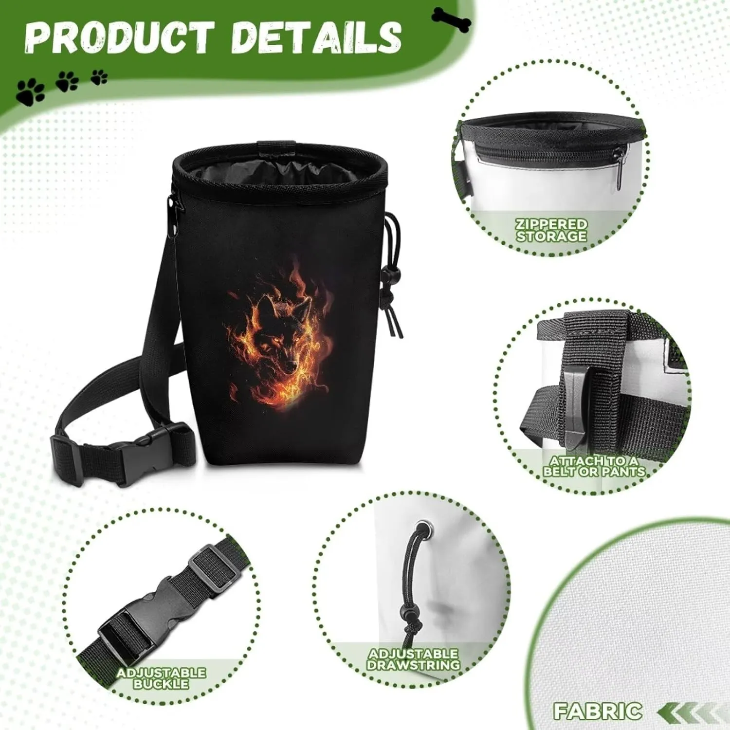 Flaming Wolf Print Dog Treat Pouch Hand Free Dog Walking Bag Easily Carries Treat Bag for Dogs Clip Waist Belt Fanny Pack Easily Carries Pet Kibble,Treats