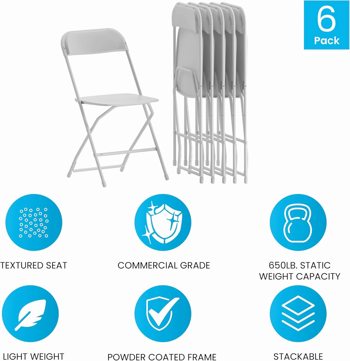 Flash Furniture Hercules Series Plastic Folding Chairs for Parties and Weddings, Stackable Commercial Event Seats with 650-lb. Static Weight Capacity, Set of 6, White