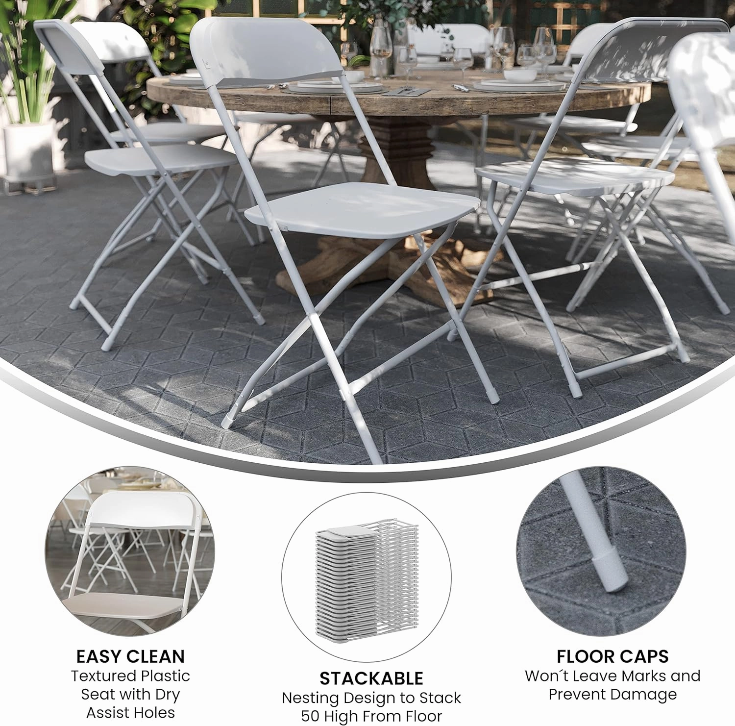 Flash Furniture Hercules Series Plastic Folding Chairs for Parties and Weddings, Stackable Commercial Event Seats with 650-lb. Static Weight Capacity, Set of 6, White