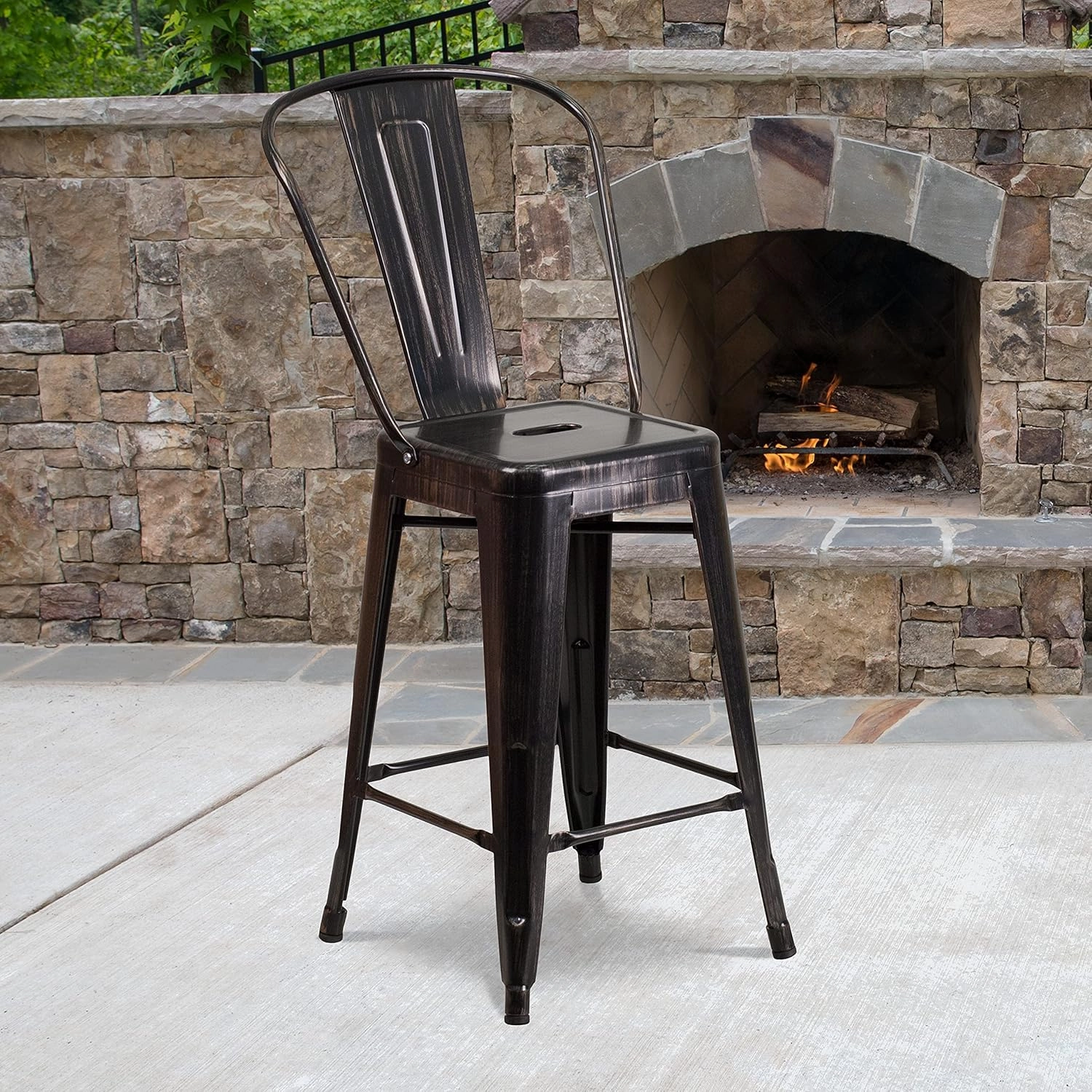 Flash Furniture Lily Commercial Grade 4 Pack 24" High Black-Antique Gold Metal Indoor-Outdoor Counter Height Stool with Removable Back