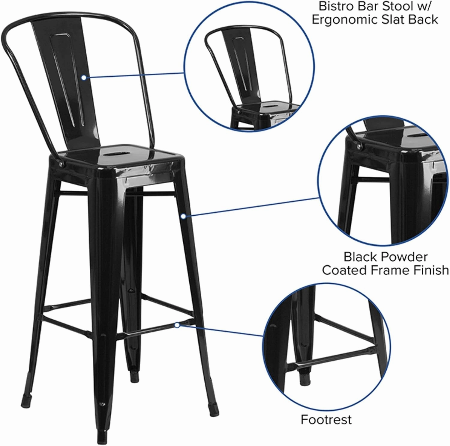 Flash Furniture Lily Commercial Grade 4 Pack 30" High Black Metal Indoor-Outdoor Barstool with Removable Back