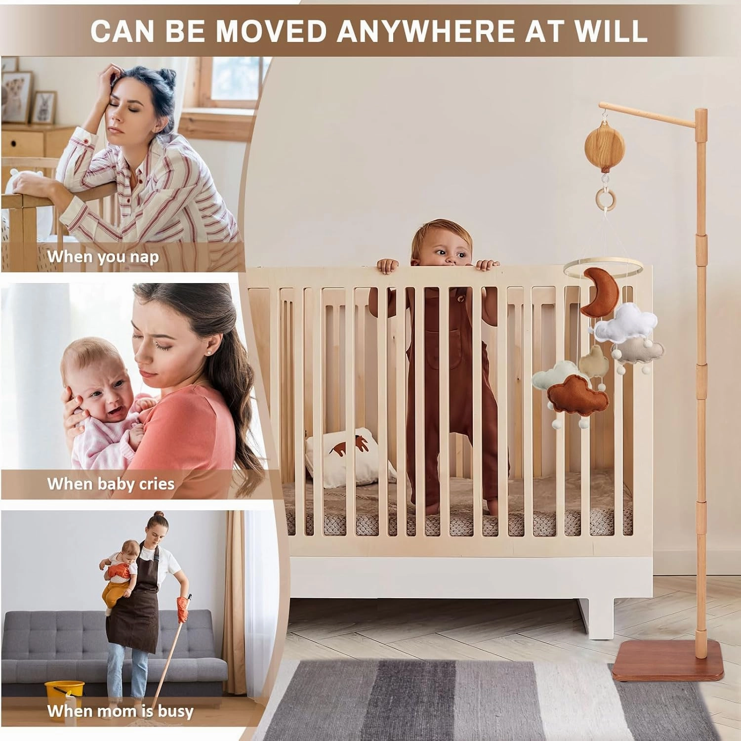 Floor-Standing Crib Mobile Arm with Music Box - 65 Inch Mobile Arm for Crib - 100% Beech Wood - Crib Mobile Motor - Volume Control - 35 Lullabies - Wooden Nursery Decor - Baby Mobile Hanger