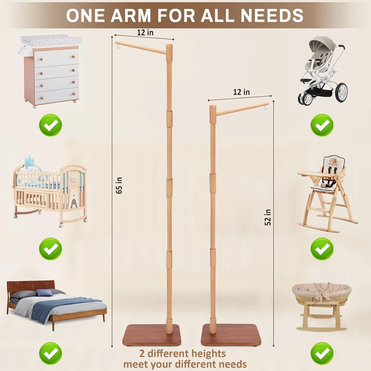 Floor-Standing Crib Mobile Arm with Music Box - 65 Inch Mobile Arm for Crib - 100% Beech Wood - Crib Mobile Motor - Volume Control - 35 Lullabies - Wooden Nursery Decor - Baby Mobile Hanger