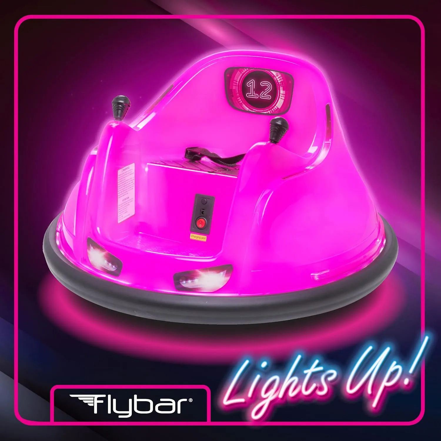 Flybar 6V Pink Glow Bumper Car for Kids – LED Ride-On Toy with 360° Spin, Rechargeable Battery, and Soft Rubber Bumpers – Safe Indoor Fun for Toddlers Ages 1.5 , Up to 66 lbs