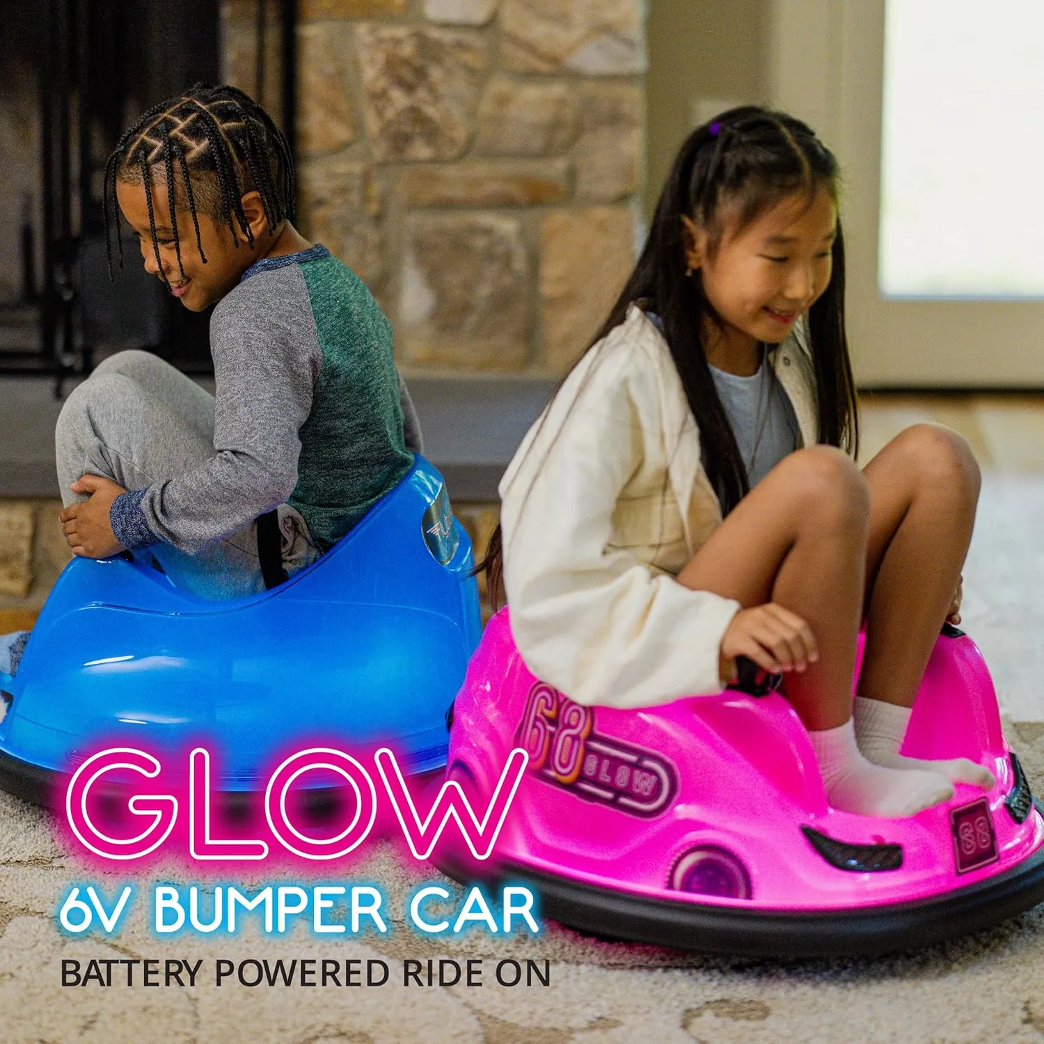 Flybar 6V Pink Glow Bumper Car for Kids – LED Ride-On Toy with 360° Spin, Rechargeable Battery, and Soft Rubber Bumpers – Safe Indoor Fun for Toddlers Ages 1.5 , Up to 66 lbs