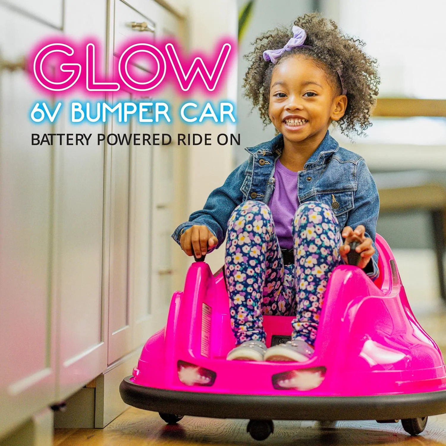 Flybar 6V Pink Glow Bumper Car for Kids – LED Ride-On Toy with 360° Spin, Rechargeable Battery, and Soft Rubber Bumpers – Safe Indoor Fun for Toddlers Ages 1.5 , Up to 66 lbs