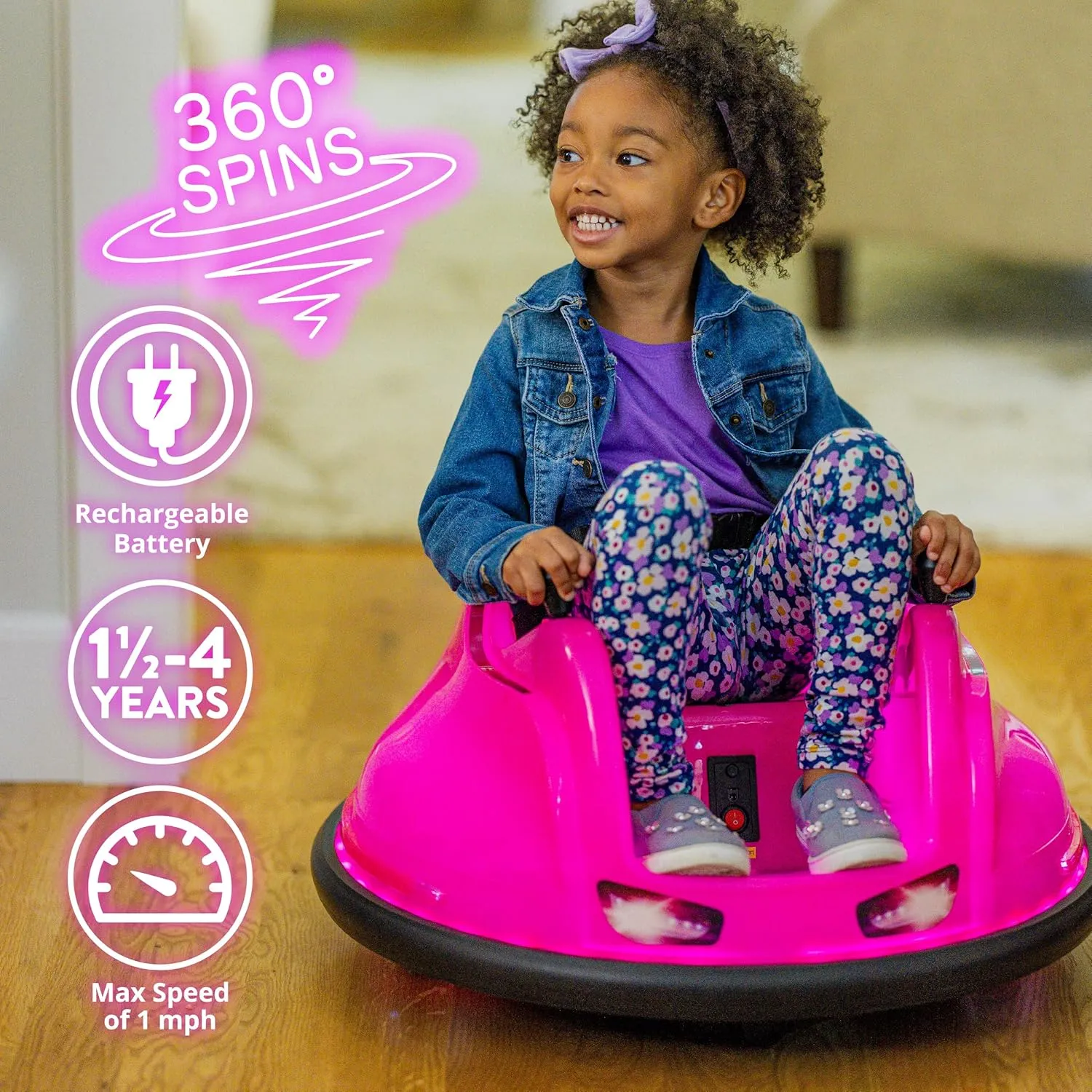 Flybar 6V Pink Glow Bumper Car for Kids – LED Ride-On Toy with 360° Spin, Rechargeable Battery, and Soft Rubber Bumpers – Safe Indoor Fun for Toddlers Ages 1.5 , Up to 66 lbs