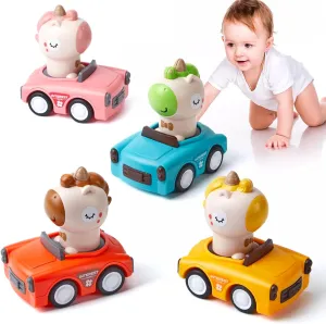FNJO Wind up Press Cars, Four Unicorn Play Figure Racing Cars Set for Toddlers Baby Boys Girls,Animal Vehicle Toys, Press Then Go