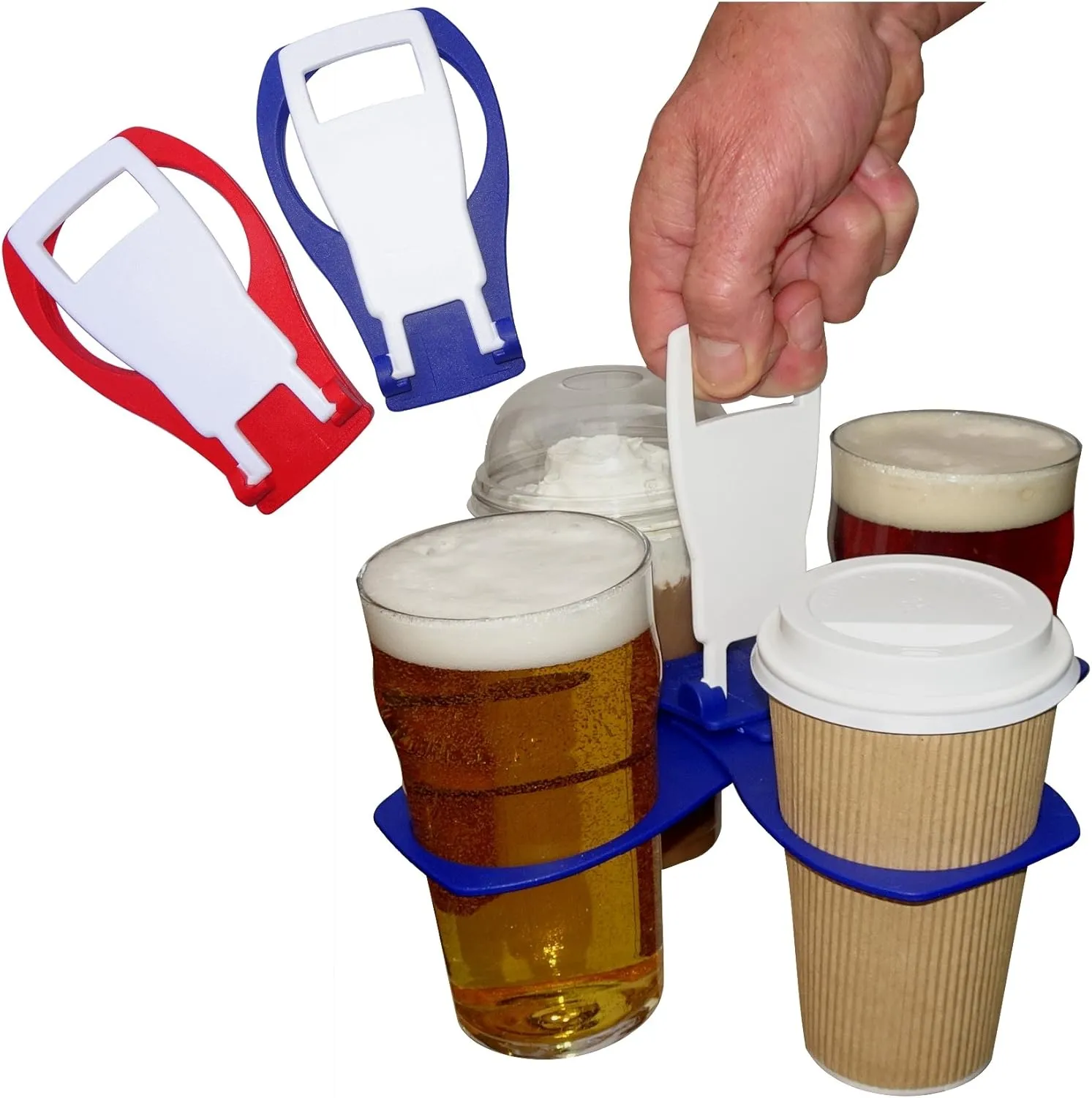 Fold Away Cup Carrier/Caddy [MADE IN UK] [2 PACK] Take-Out Coffee Soft Drink Pint Beer Beverage Holder, Sturdy Reusable Pocket Size, Festival Sports Gigs Easy safe - hot drinks, 2,3,4 cups