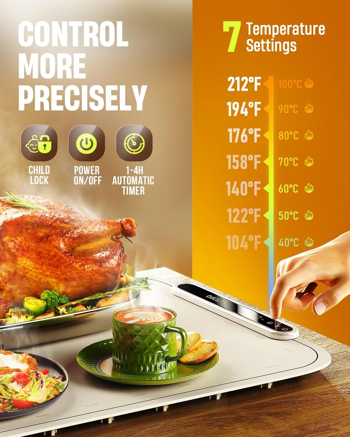 Food Warming Mat for Buffet, VEPOKA Food Warming Mats for Countertop, Silicone Heating Mat with 7 Temperature Levels& Auto Shut-Off, Food Warmers for Parties, Gatherings, Everyday Use
