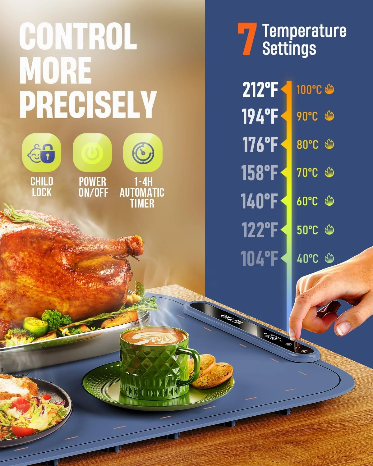 Food Warming Mat for Buffet, VEPOKA Food Warming Mats for Countertop, Silicone Heating Mat with 7 Temperature Levels& Auto Shut-Off, Food Warmers for Parties, Gatherings, Everyday Use