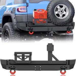 for FJ Cruiser Rear Bumper with Spare Tire Carrier Compatible with 2007-2014 Toyota FJ Cruiser 1st Gen with Spare Oil Drum Storage Box, Tow Hitch Plate, License Plate Frame & D-rings, Black