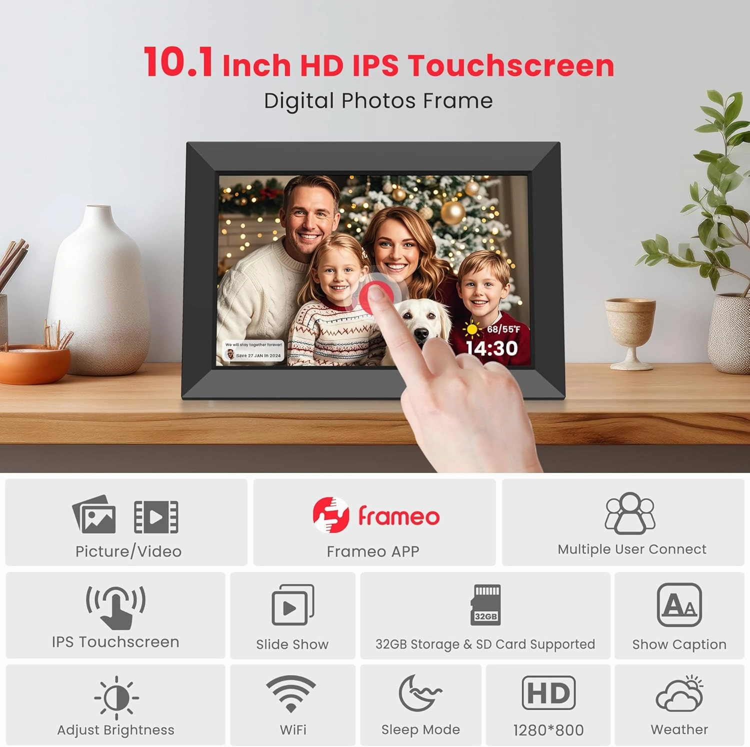 Frameo 10.1 Inch Digital Picture Frame, Smart WiFi Electronic Photo Frame with HD IPS Touch Screen Slideshow Display 32GB Memory Auto-Rotate Wall Mount, Share Photos/Videos from Phone by Frameo App