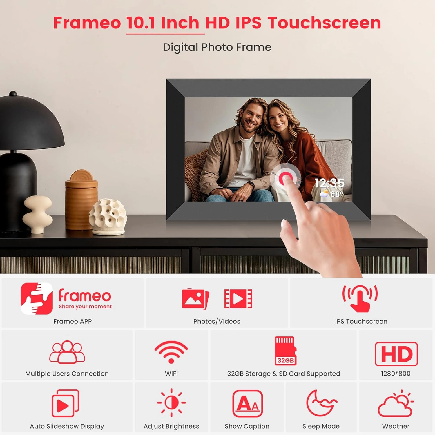 Frameo 10.1 Inch WiFi Digital Picture Frame, Smart Cloud Electronic Photo Frame with HD IPS Touch Screen Slideshow 32GB Memory Auto-Rotate Wall Mount, Share Photos/Videos from Phone by Frameo App