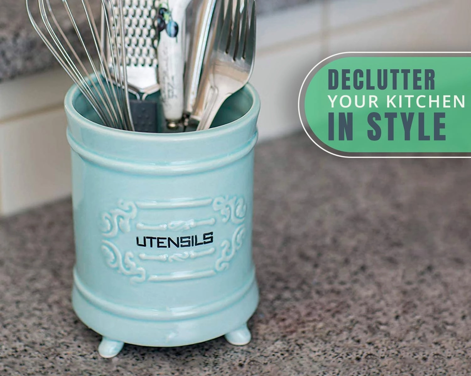 French Blue Ceramic Utensil Holder - Vintage Style Kitchen Utensil Caddy - Antique Design Cooking Utensil Organizer - Rustic French Country Utensil Crock for Cooking Enthuziast