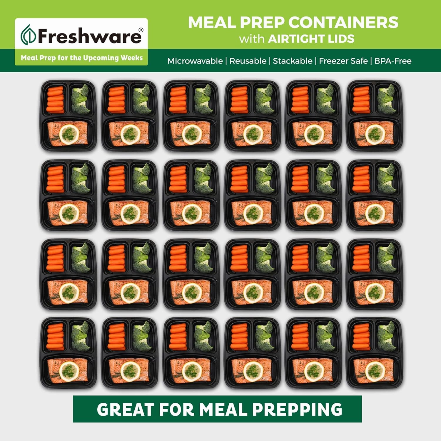 Freshware Meal Prep Containers [21 Pack] 3 Compartment with Lids, Food Storage Containers, Bento Box, BPA Free, Stackable, Microwave/Dishwasher/Freezer Safe (24 oz)