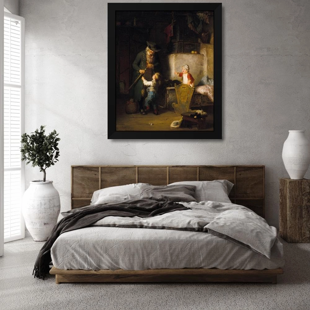 Friedrich Ortlieb 36x44 Huge Black Modern Framed Art Print Titled: Grandfather's Visit