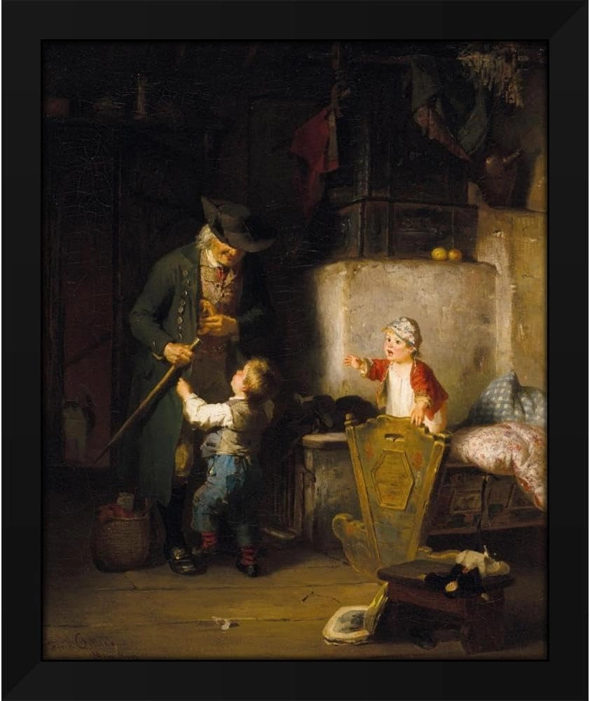 Friedrich Ortlieb 36x44 Huge Black Modern Framed Art Print Titled: Grandfather's Visit
